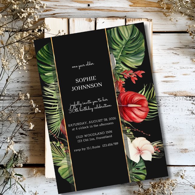 Convites Flores tropicais e folhas de aniversário negro (Criador carregado)