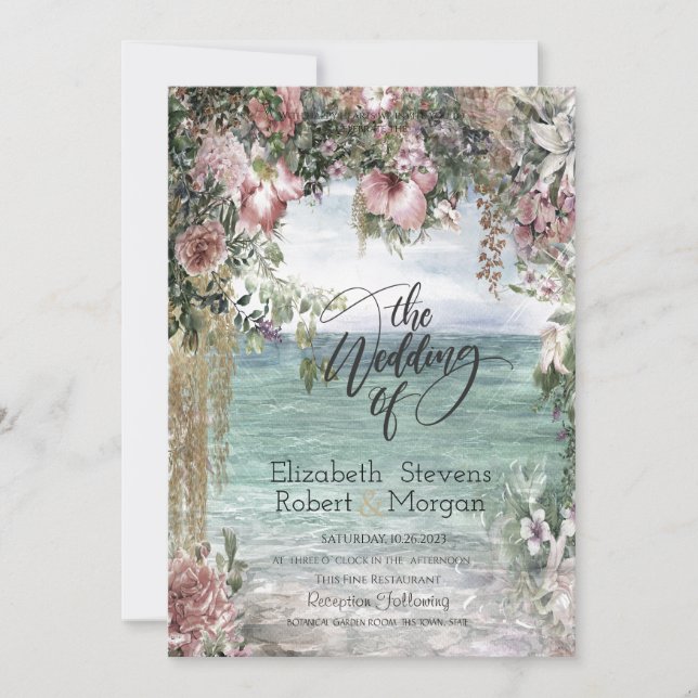 Convites Flores Tropicais Elegantes Casamento no Oceano (Frente)