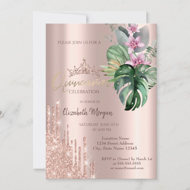 Convites Flores Tropicais em Glitter de Rosa Dourado (Frente)