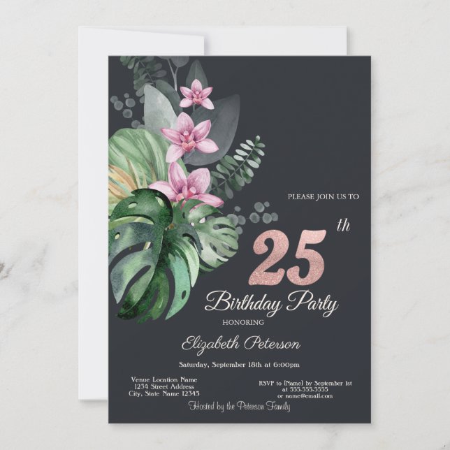 Convites Flores Tropicais Escuras Aniversário de 25 anos (Frente)
