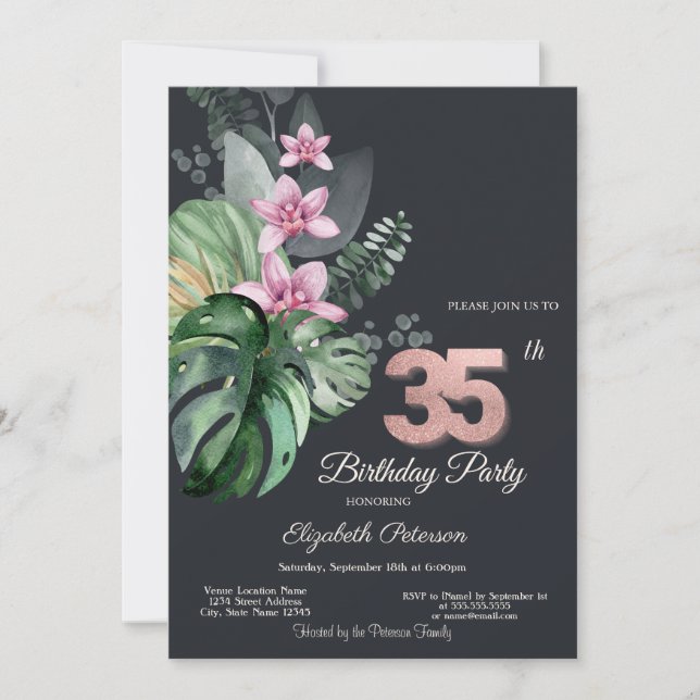 Convites Flores Tropicais Escuro Aniversário de 35 anos (Frente)