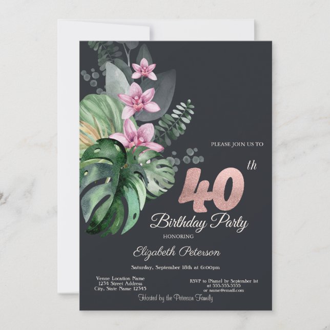 Convites Flores Tropicais Escuro Aniversário de 40 anos (Frente)