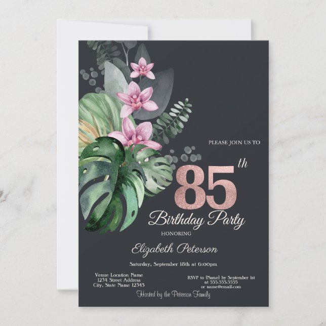 Convites Flores Tropicais Escuro Aniversário de 85 anos (Frente)
