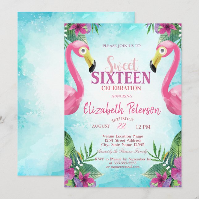 Convites Flores Tropicais Flamingos Rosa Festa Sweet 16 (Frente/Verso)