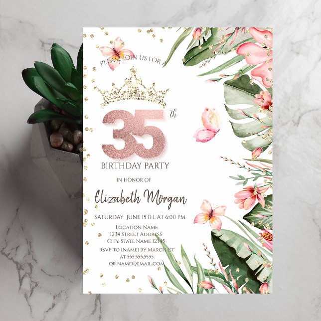 Convites Flores Tropicais Folhas Diamantes 35º Aniversário (Criador carregado)