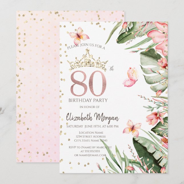 Convites Flores Tropicais Folhas Diamantes 80º Aniversário (Frente/Verso)