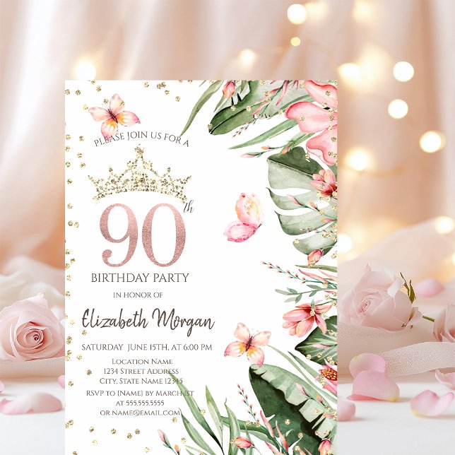 Convites Flores Tropicais Folhas Diamantes 90º Aniversário (Criador carregado)
