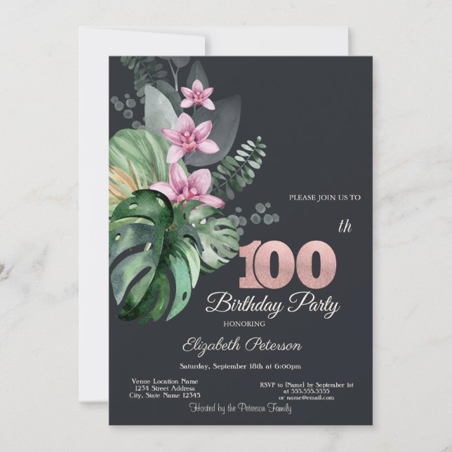 Convites Flores Tropicais Sombrias 100º Aniversário (Frente)