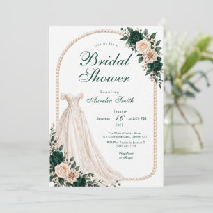 Convites Flores Verde Esmeralda, Vestido e Pérolas Chá de N