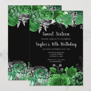 Convites Flores Verdes e Prata Elegantes Sweet Sixteen