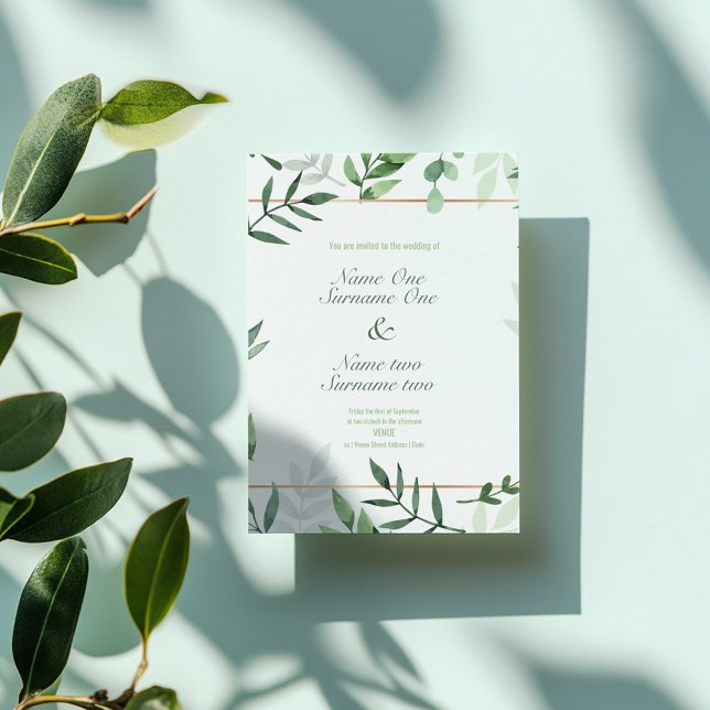 Convites Flores verdes, folhas, borda dourada, casamento de (Green flowers, leaves, gold border, garden wedding invitation)