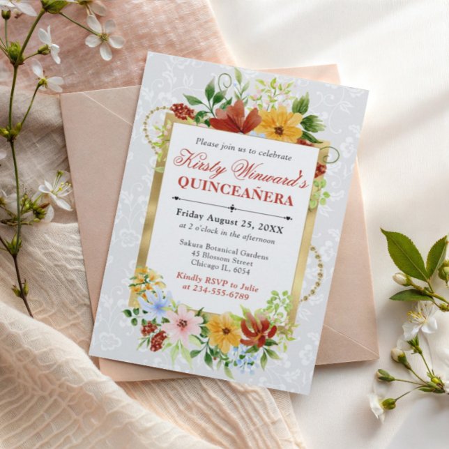 Convites Flores Vermelhas, Amarelas e Azuis Quinceanera Dou (Criador carregado)