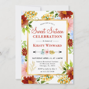 Convites Flores Vermelhas, Azuis e Amarelas Sweet Sixteen
