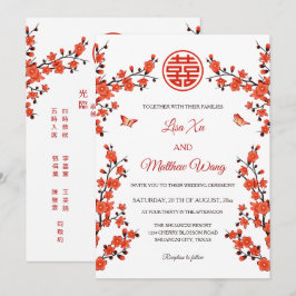 Convites Flores Vermelhas Bilíngues | Casamento Chinês
