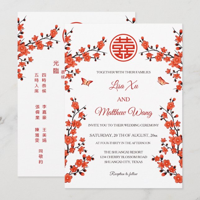 Convites Flores Vermelhas Bilíngues | Casamento Chinês (Frente/Verso)