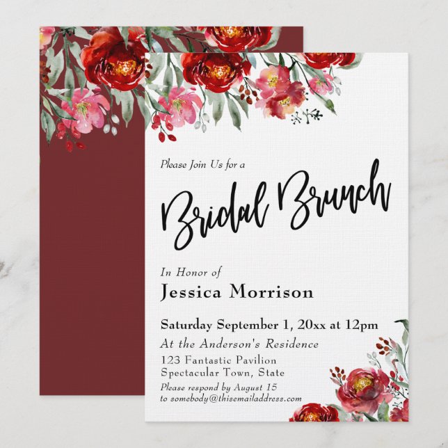 Convites Flores Vermelhas Bridal Brunch Burgundy (Frente/Verso)