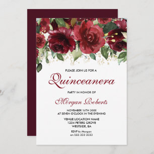 Convites Flores Vermelhas Burgundy Festa Glitter Quinceaner