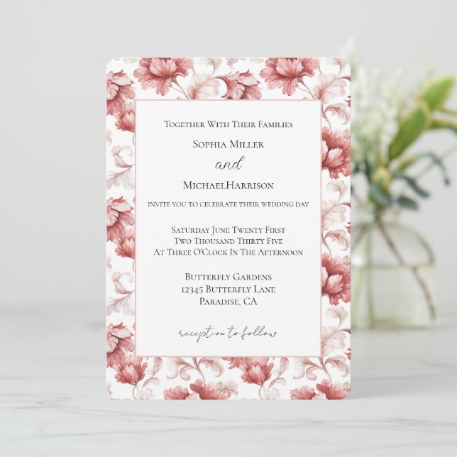 Convites Flores Vermelhas Chic Elegante Casamento (Em pé/Frente)