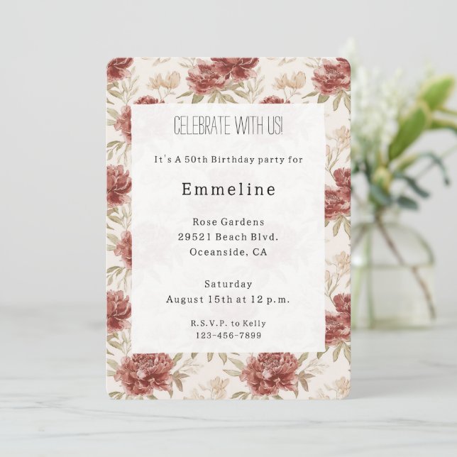 Convites Flores Vermelhas Creme de Aniversário (Em pé/Frente)