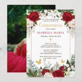 Convites Flores Vermelhas Douradas Borboletas Quinceanera