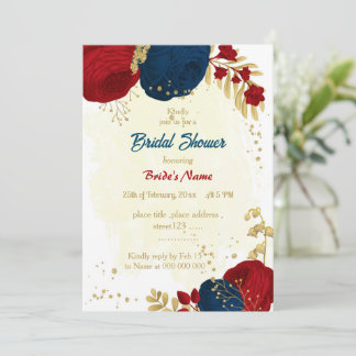 Convites flores vermelhas e azuis-marinho folhas douradas c