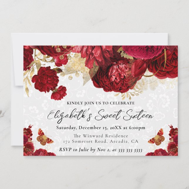 Convites Flores Vermelhas e Douradas em Aquarela Sweet Sixt (Frente)