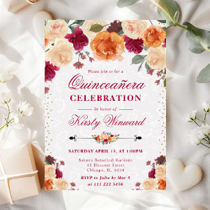 Convites Flores Vermelhas e Laranjas de Outono Quinceanera