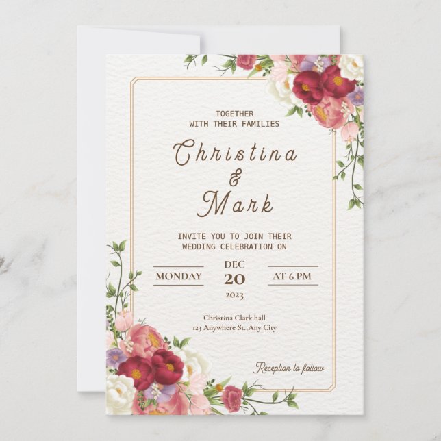 Convites Flores vermelhas escuras. Floral Simple Wedding (Frente)