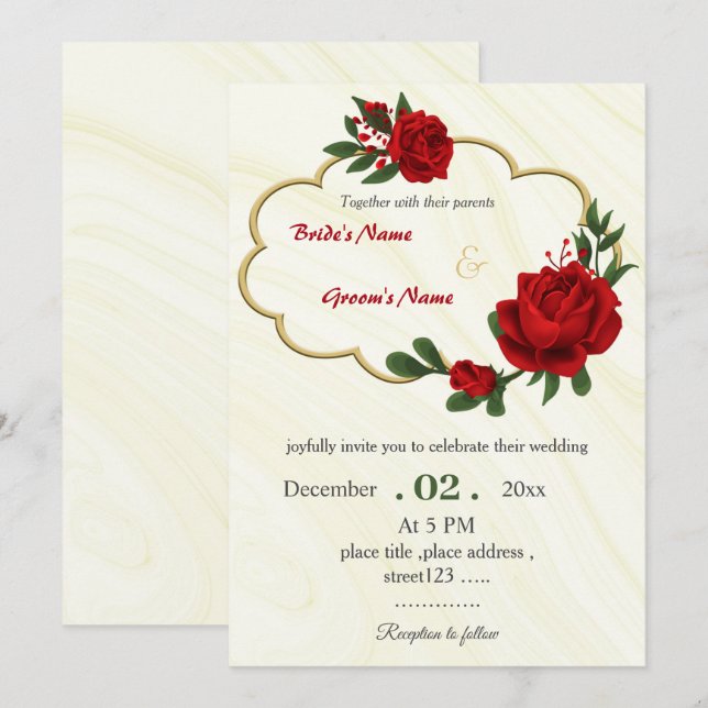 Convites flores vermelhas folhagem dourada coroa casamento (Frente/Verso)