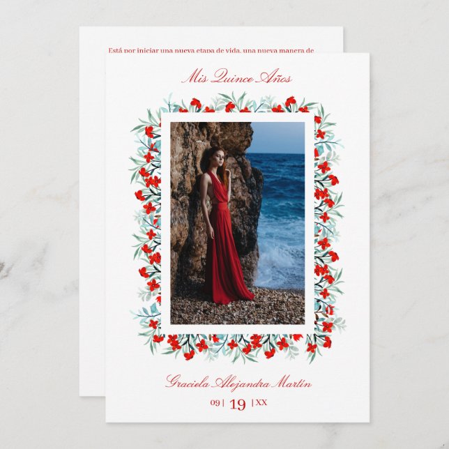 Convites Flores Vermelhas Garland Quinceañera sofisticada  (Frente/Verso)