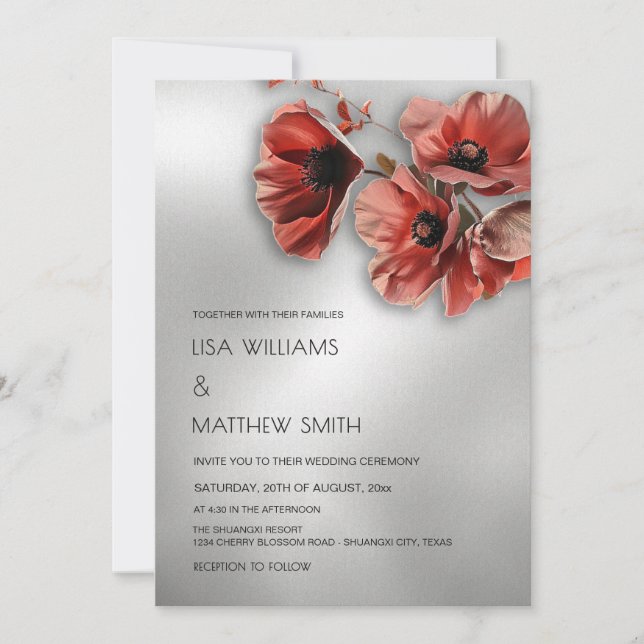 Convites Flores Vermelhas Prateadas Elegantes | Casamento d (Frente)