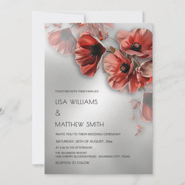 Convites Flores Vermelhas Prateadas Elegantes | Casamento F (Frente)
