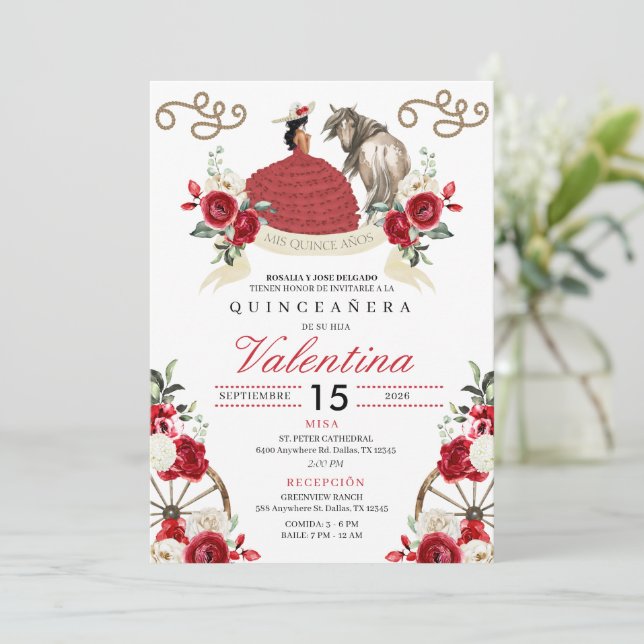 Convites Flores Vermelhas - Rapariga Russa da Quinceañera O (Em pé/Frente)