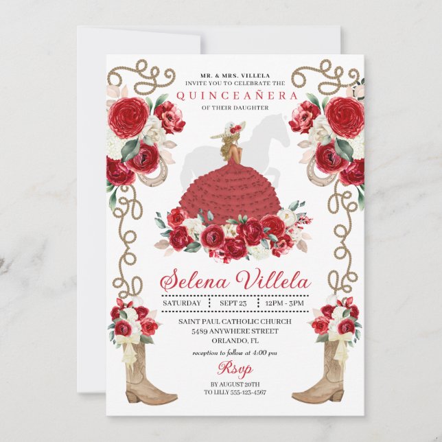 Convites Flores Vermelhas Rustic Western Charro Quinceañera (Frente)