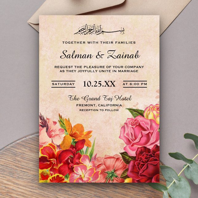 Convites Flores Vintage Elegantes Casamento Islâmico Muçulm (Criador carregado)