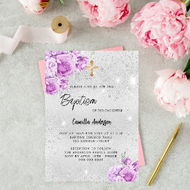 Convites Flores violeta-rosa-prata menina Baptism