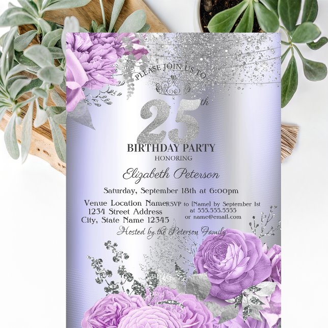 Convites Flores Violetas Brilho Lilás 25º Aniversário (Criador carregado)