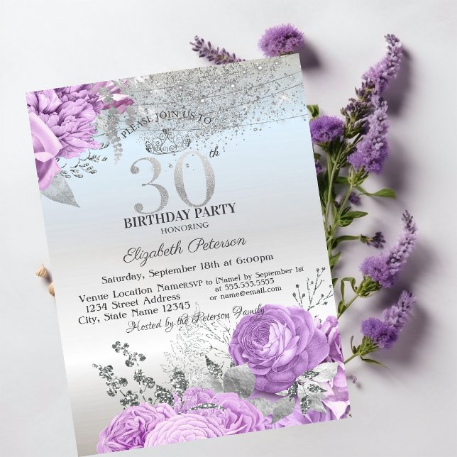 Convites Flores Violetas Brilho Prata Aniversário de 30 ano (Criador carregado)