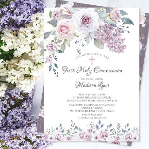 Convites Flores Violetas Por Aquarela Primeira Comunhão