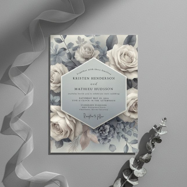 Convites Florescer Azul Ardesia Casamento Etéreo (Criador carregado)
