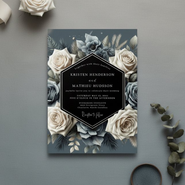 Convites Florescer Azul Ardósia Opulento Casamento (Criador carregado)