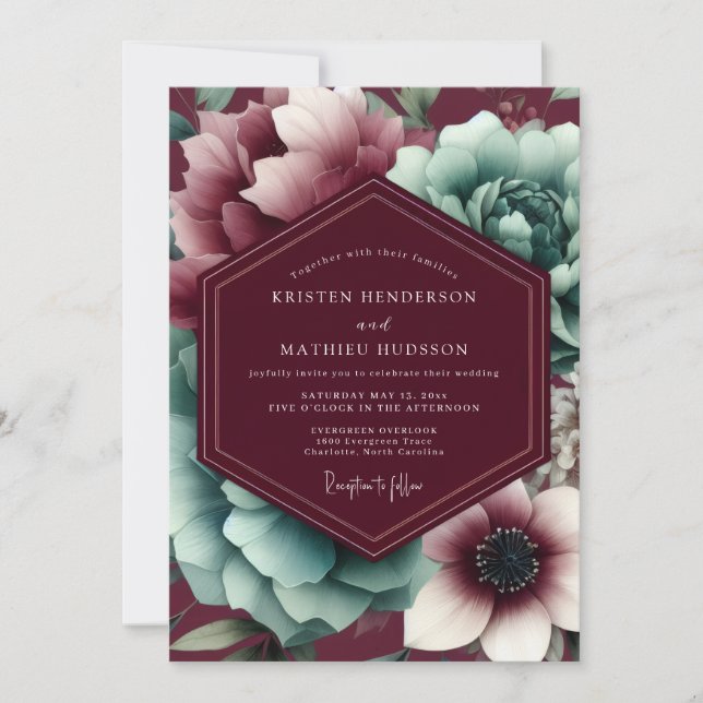 Convites Florescer Borgonha Temperamental Casamento (Frente)