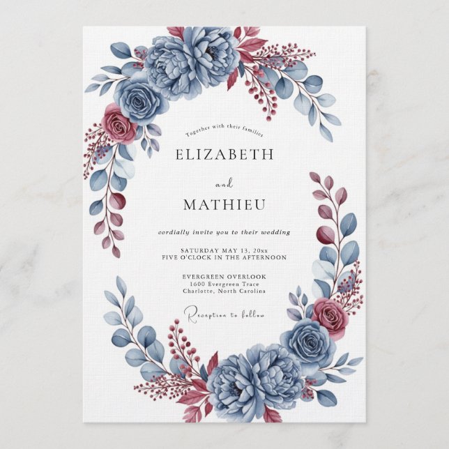 Convites Florescer Botânico Azul Ardesia Casamento (Frente)