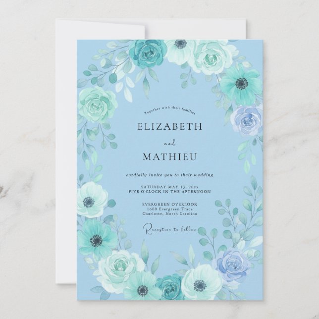Convites Florescer Casamento Flor Azul Céu (Frente)