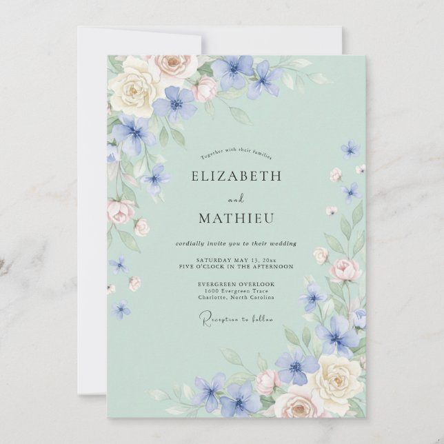 Convites Florescer de Flor Pálida Azul Casamento (Frente)
