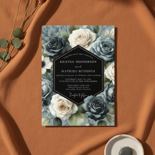 Convites Florescer de Rosa Azul Ardósia Casamento