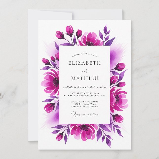 Convites Florescimento Artístico de Casamento Magenta (Frente)