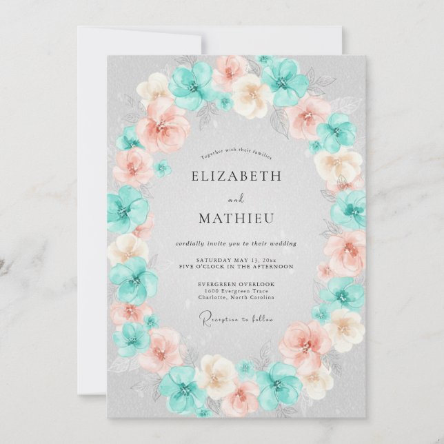 Convites Florescimento de Coral Teal Casamento (Frente)