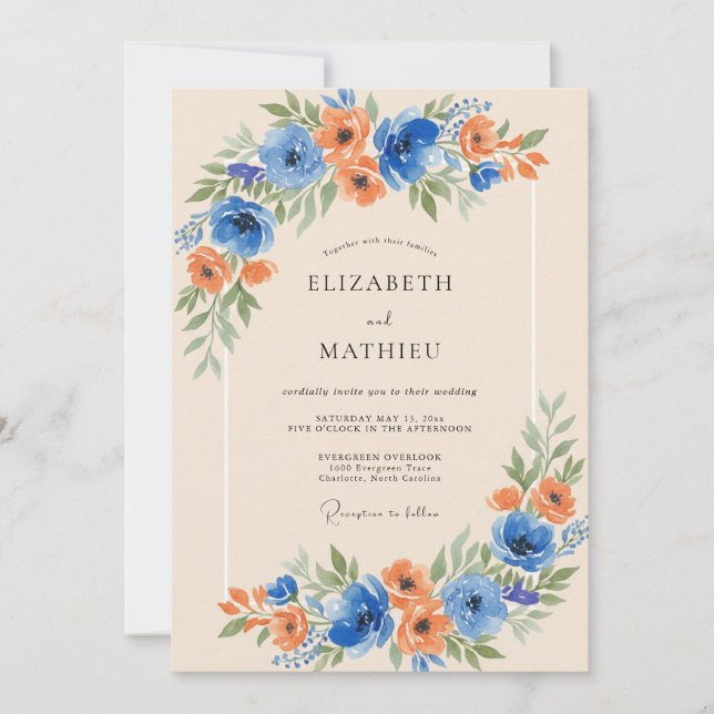 Convites Florescimento de Flor de Laranjeira Azul Casamento (Frente)