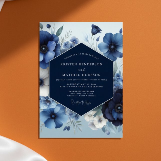 Convites Florescimento Opulento Deep Blue Bloom Casamento (Criador carregado)